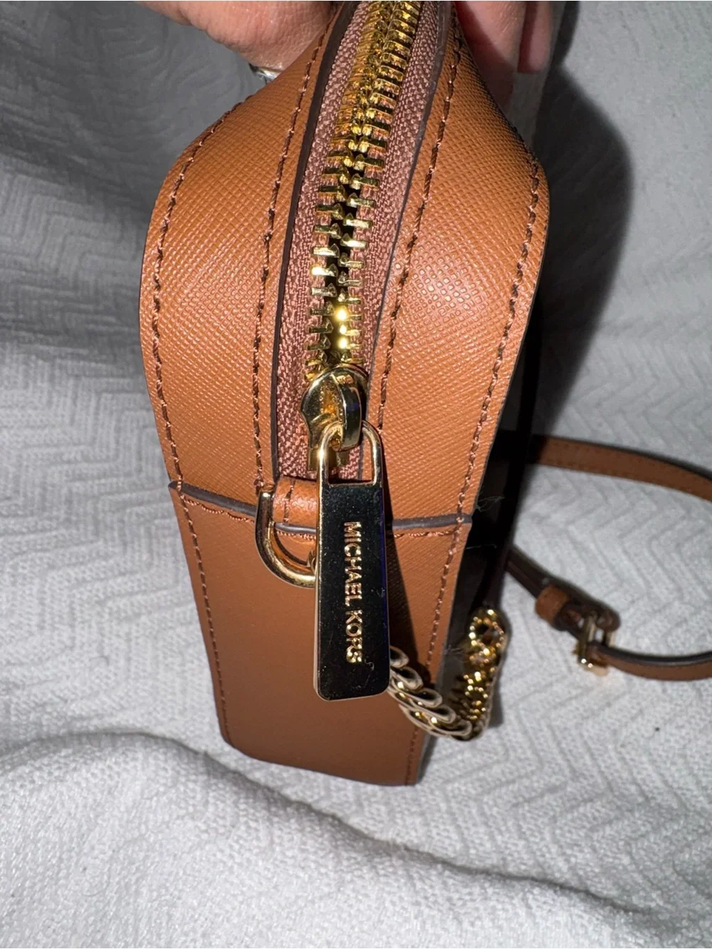 Michael Kors Beige Monogram Crossbody with Brown Trim